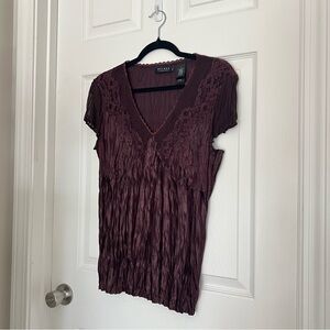 90s | Axcess by Liz Claiborne Purple V-Neck Lace Trim Tee | Size 14